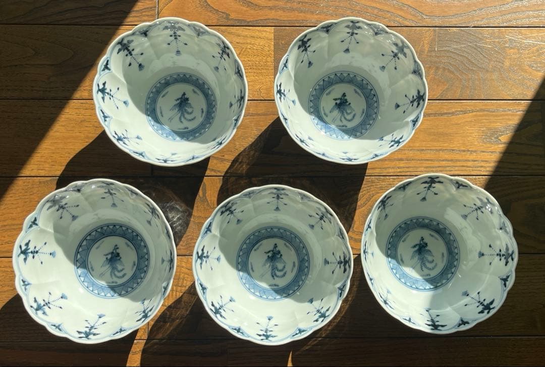 【宮内庁御用窯】 山本長左 （木箱入り）5枚揃い 向付け　青華鳳凰紋