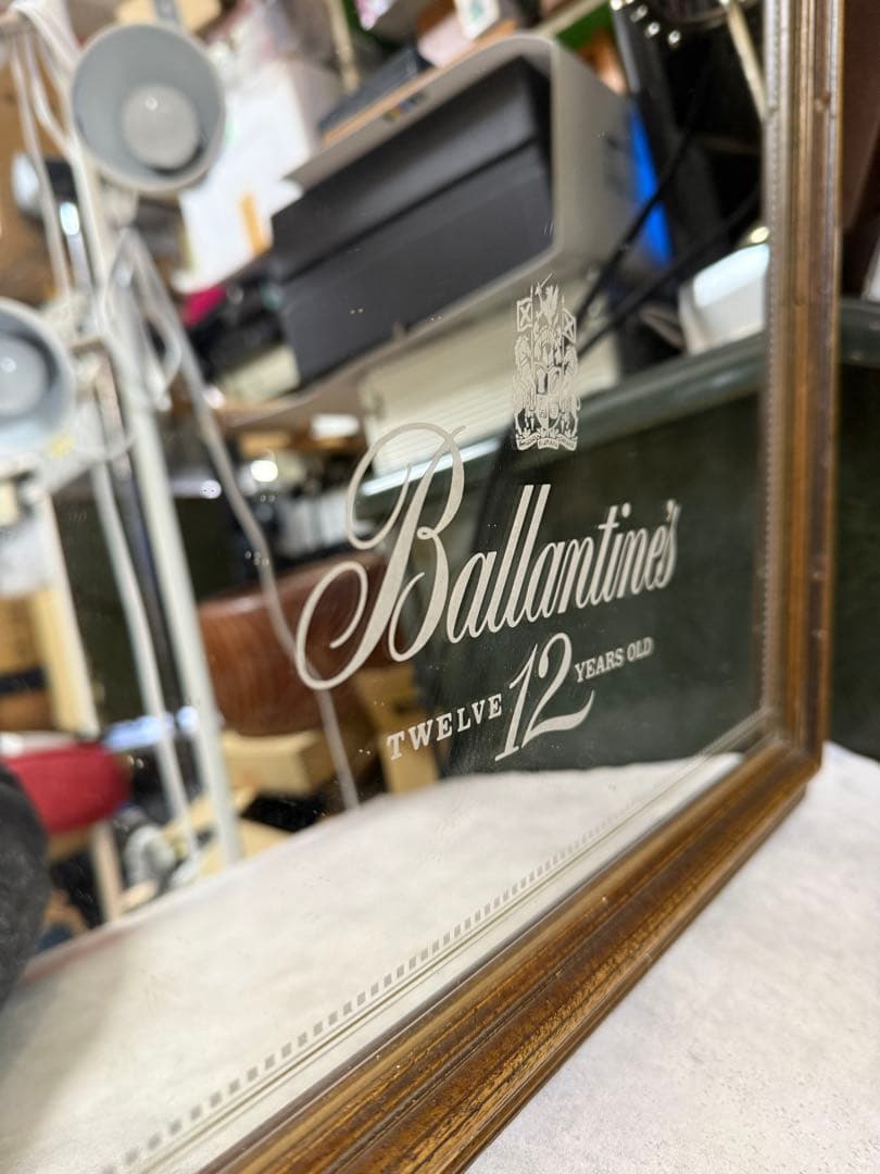 バランタイン 12年 ヴィンテージ ミラー 木製フレーム バー装飾　当時物