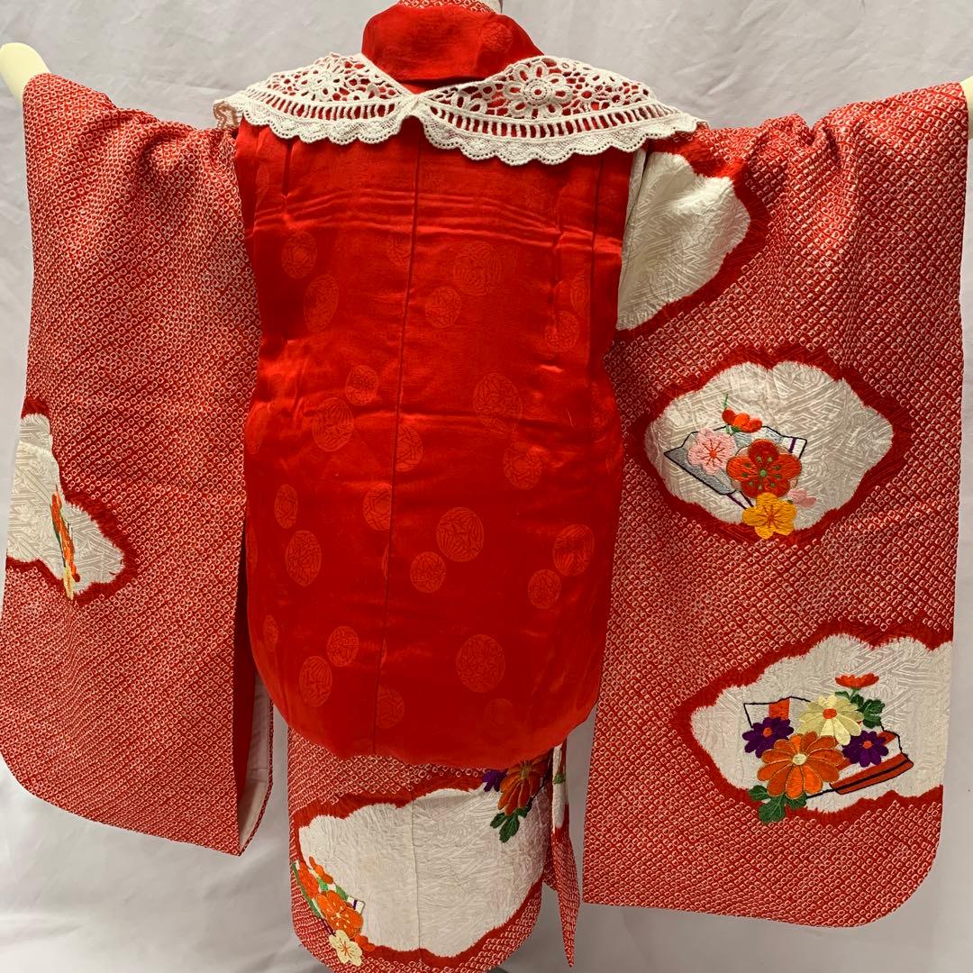 504agu2□七五三 三歳 女の子 着物&長襦袢 総絞り 刺繍□状態良好