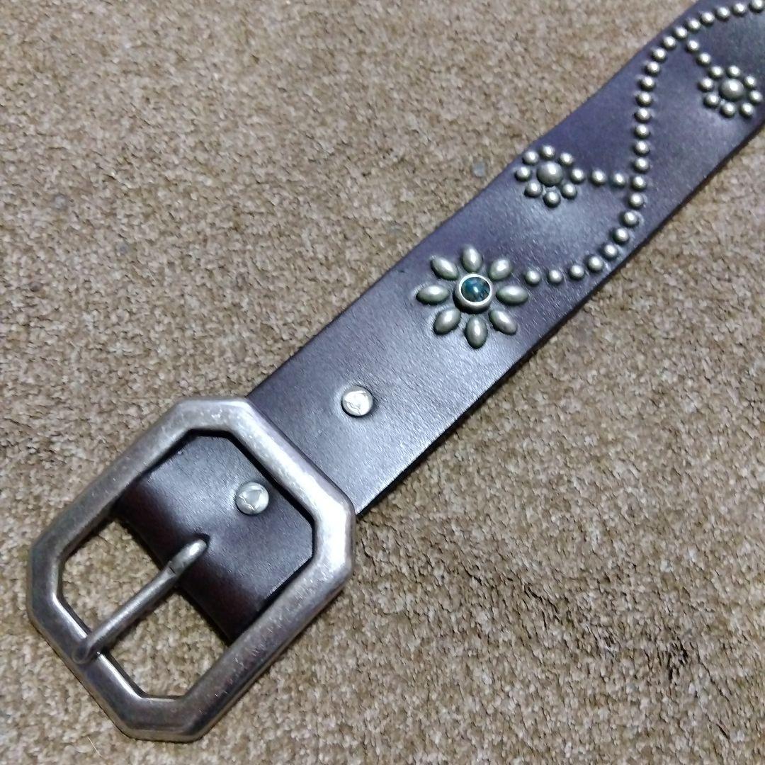 36inch ターコイズ フラワー HTC 革製 スタッズベルト ダークブラウン