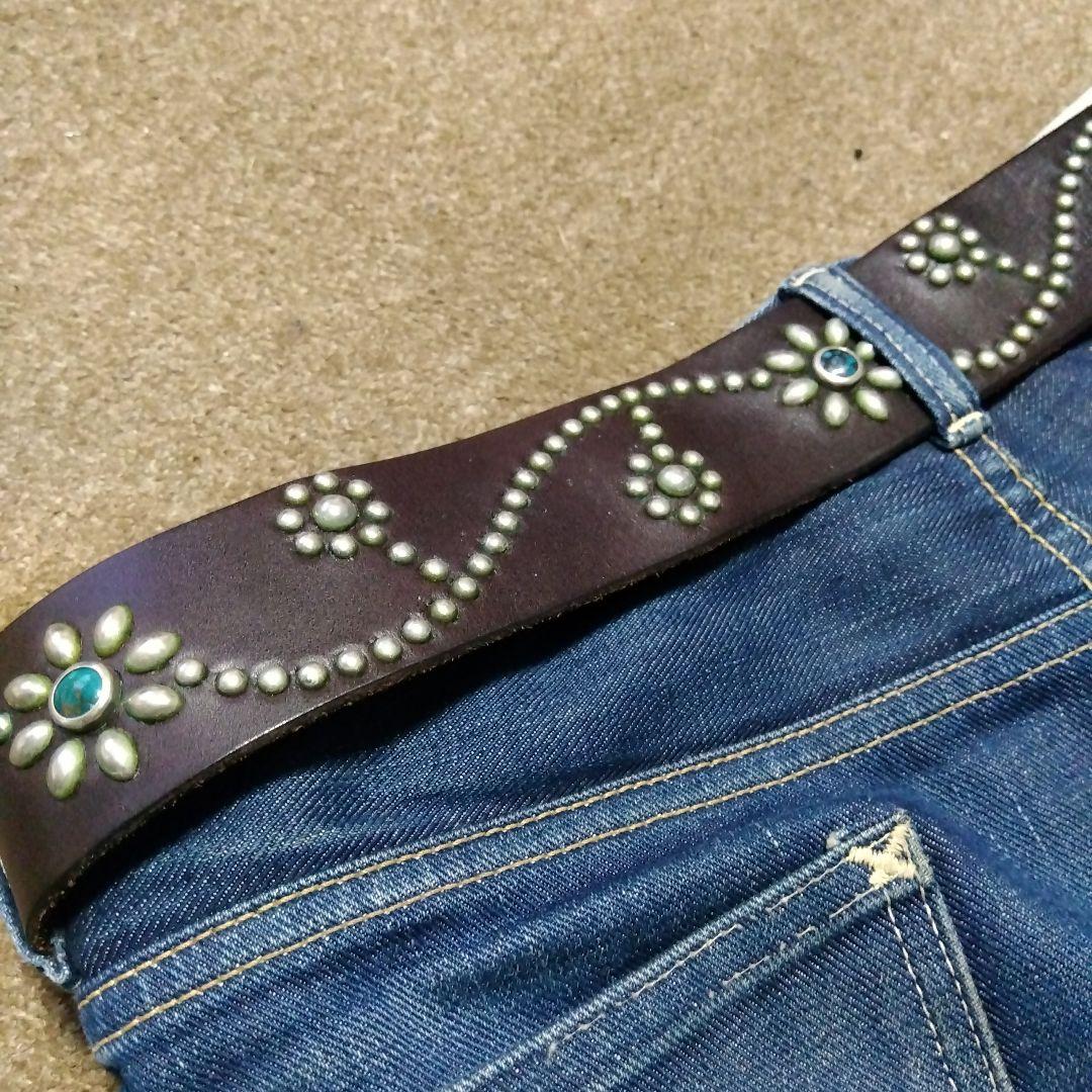 36inch ターコイズ フラワー HTC 革製 スタッズベルト ダークブラウン