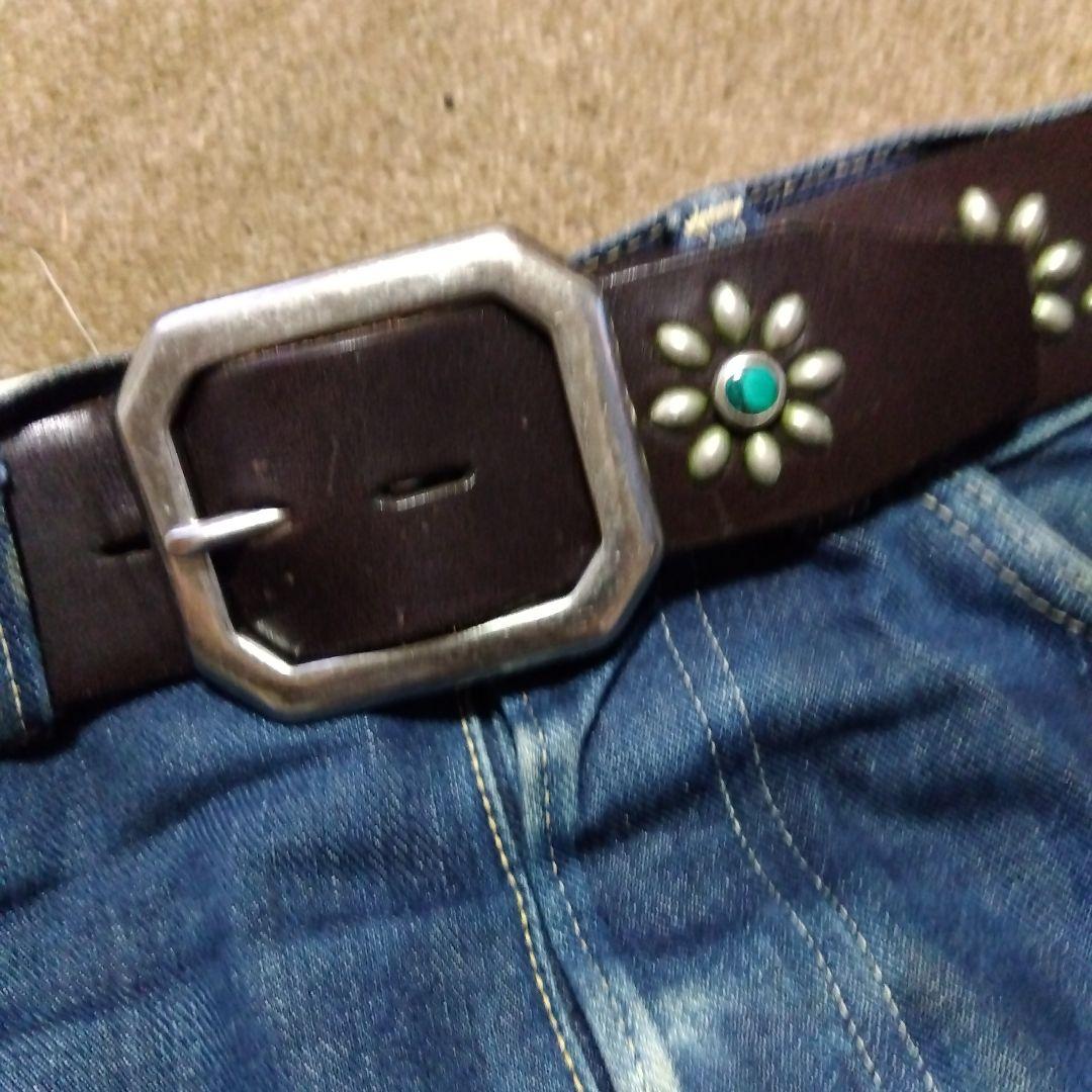 36inch ターコイズ フラワー HTC 革製 スタッズベルト ダークブラウン