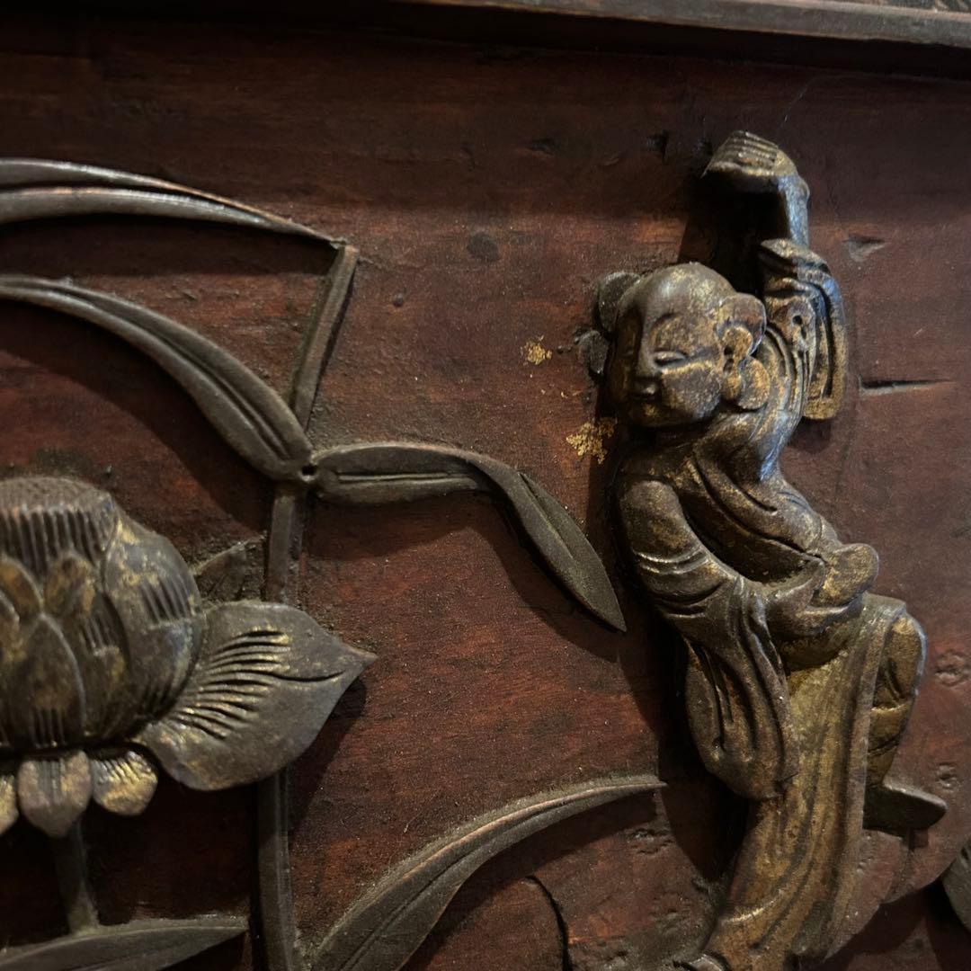 古い　中国　木彫り　蓮　壁掛け　骨董　アンティーク