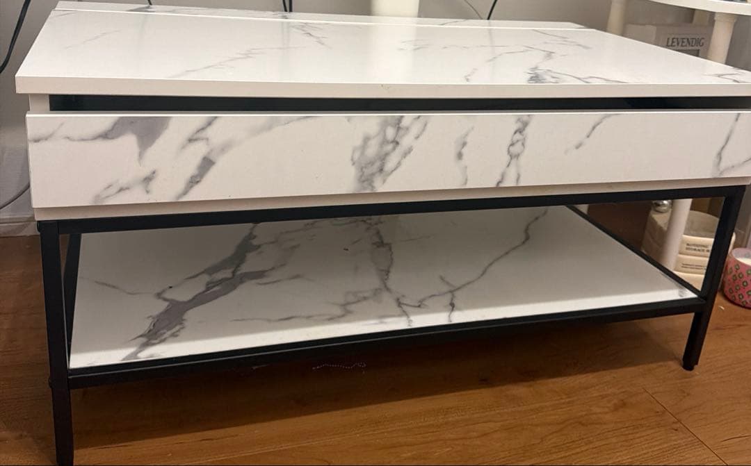 美品 おしゃれ 大理石柄 昇降式テーブル ローテーブル 高さ調整 収納