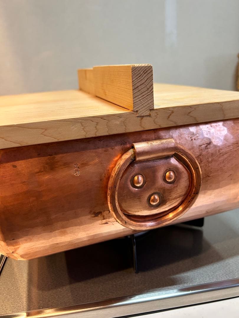 茂作　銅製四角鍋 木製蓋付き