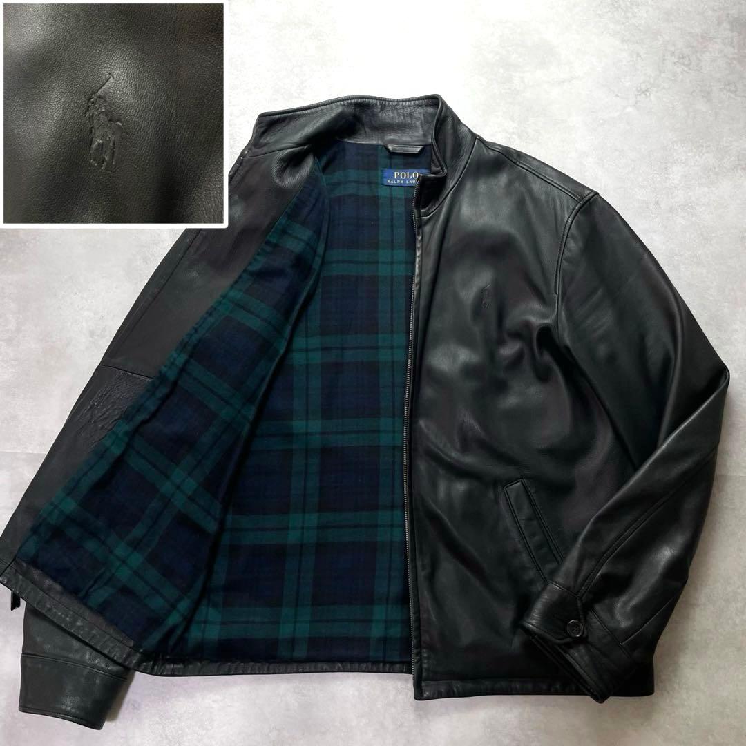 極美品 ポロラルフローレン シングルライダースジャケット 羊革 チェック ポニー