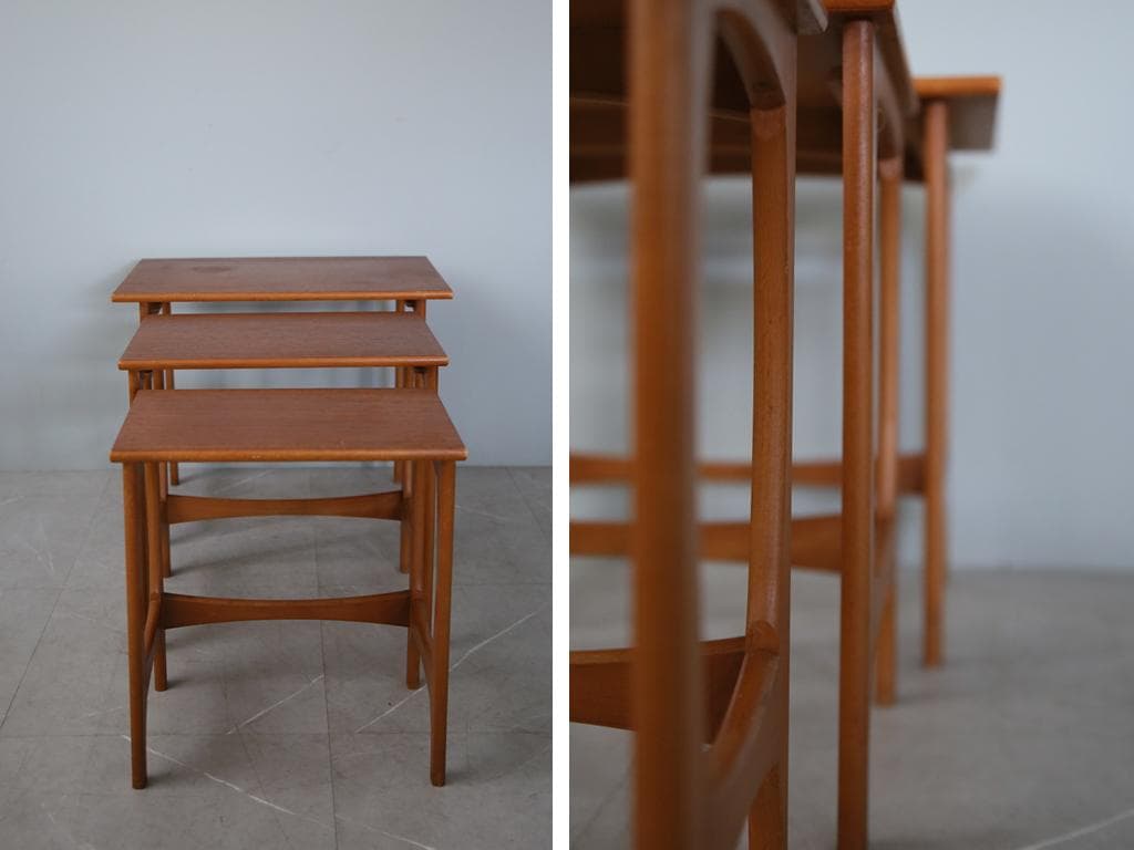 英国アンティーク木製ネストテーブル3台/収納式机/飾り棚/花台(92-85)