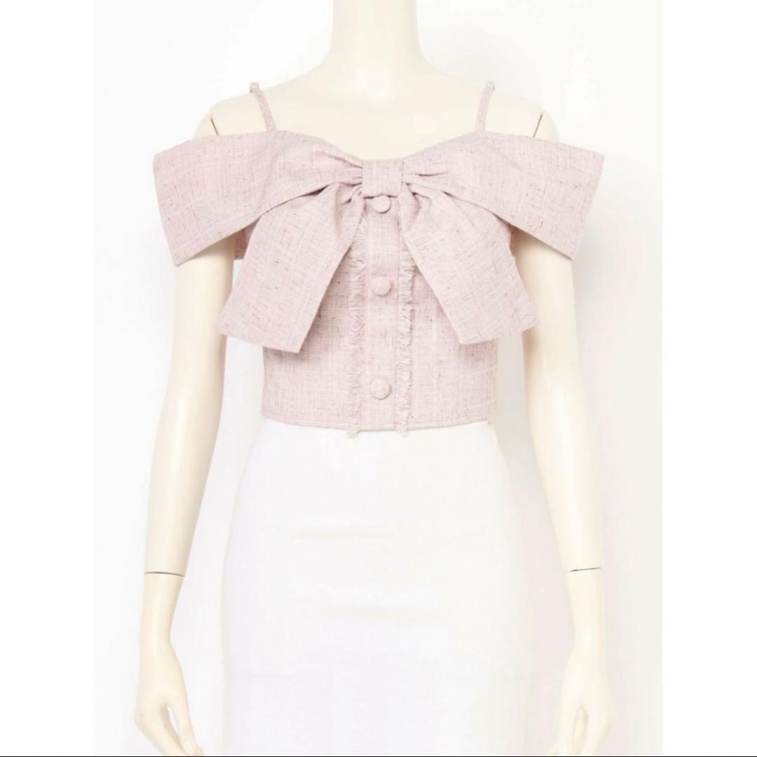 lip service ツイードリボンオフショルトップス(ピンク)