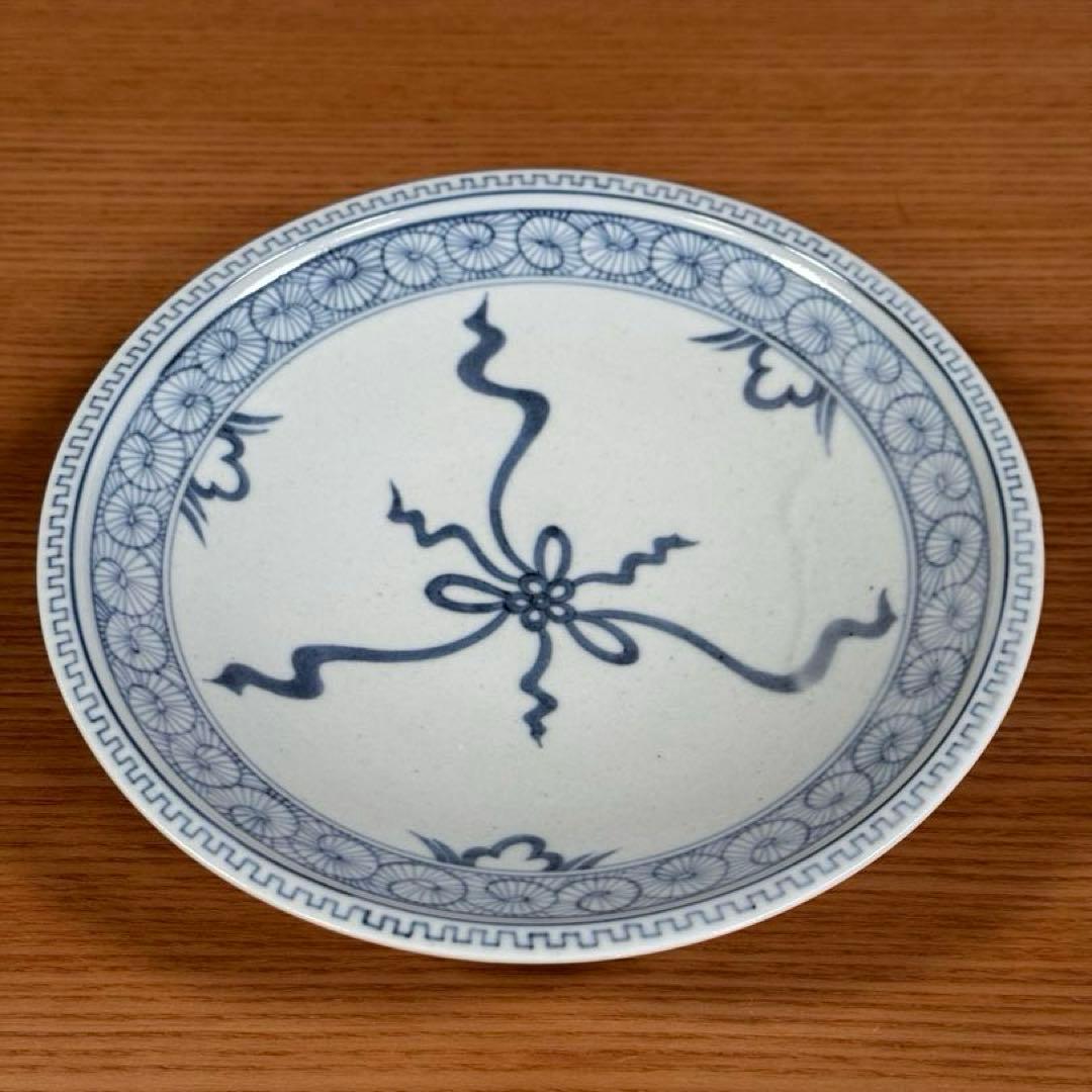有田焼 李荘窯 染付水引地紋 手造り渕付皿 2枚セット☆