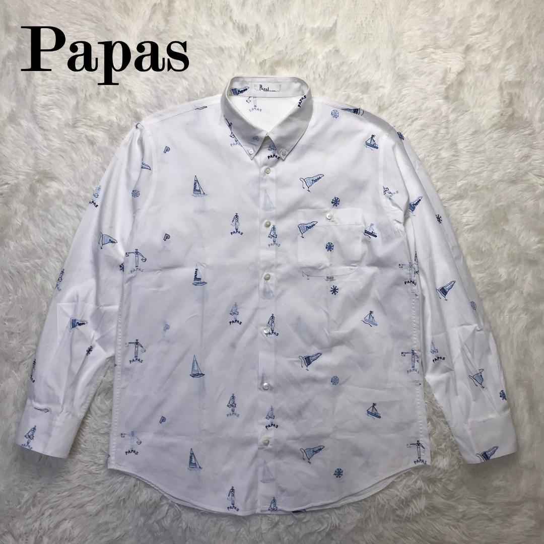 Papas ボタンダウンシャツ マリンモチーフ 刺繍 日本製 ホワイト M