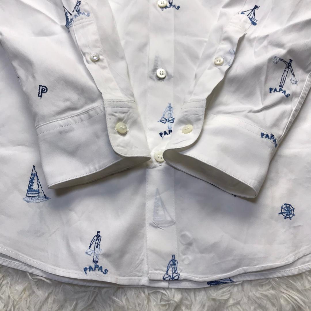 Papas ボタンダウンシャツ マリンモチーフ 刺繍 日本製 ホワイト M