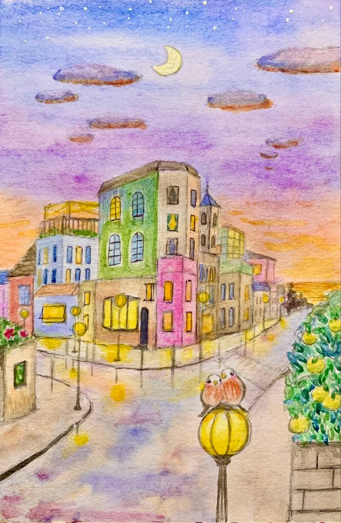 momorin水彩画 夕暮れの街角　値段は※900円です