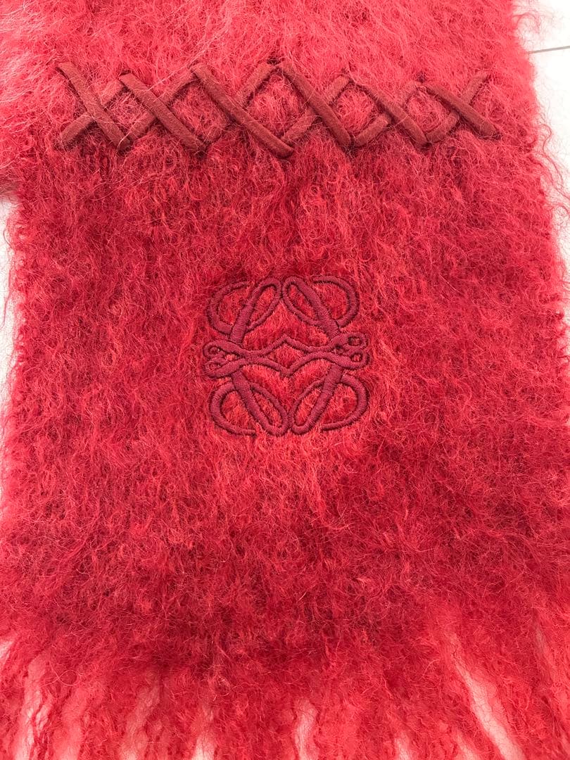 LOEWE アナグラム刺繍 モヘヤ フリンジマフラー　朱色