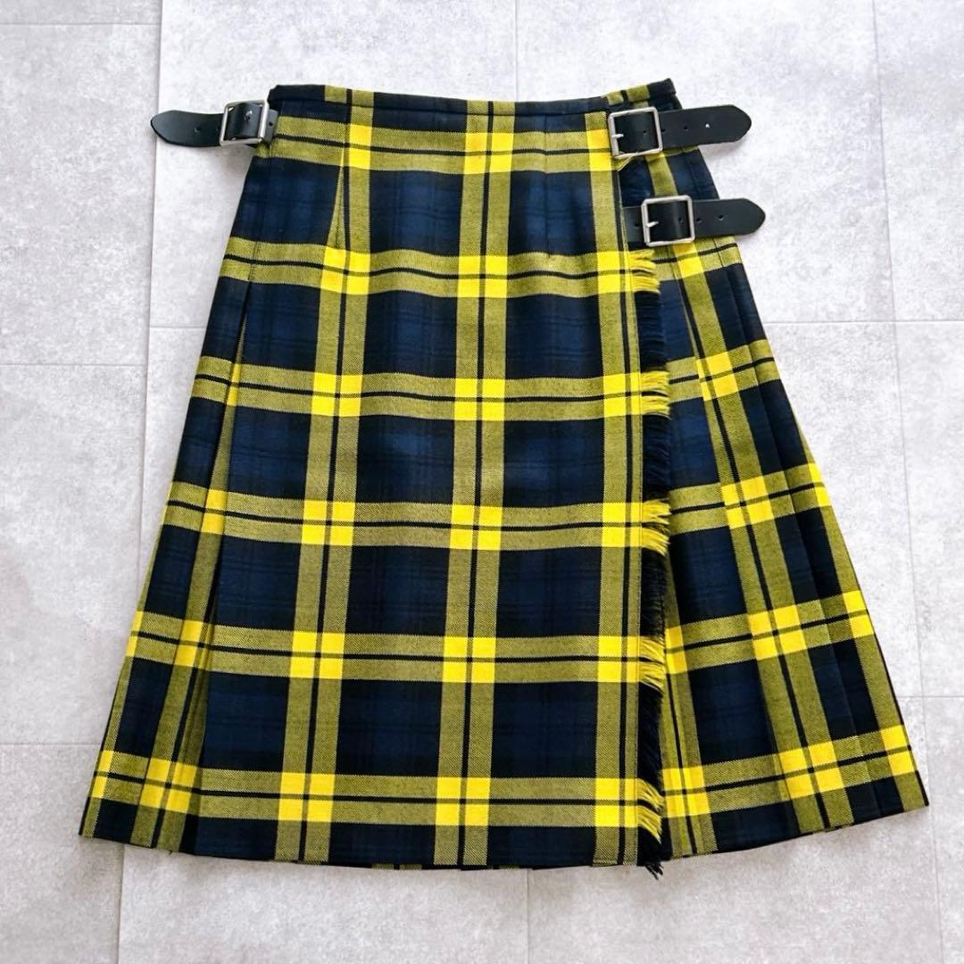 美品✨ オニールオブダブリン ラップスカート　ベルト 牛革 チェック イエロー