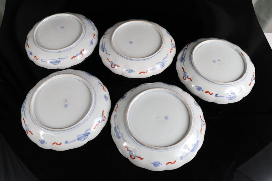 古伊万里 色絵 梅鶯鶴 八寸皿 五枚 ②懐石道具料亭