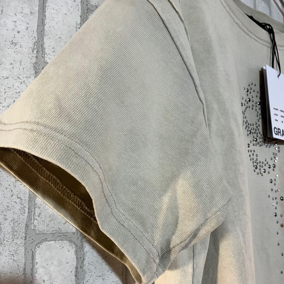 スカルラインストーンデザインTシャツ White Beige GRANCY M