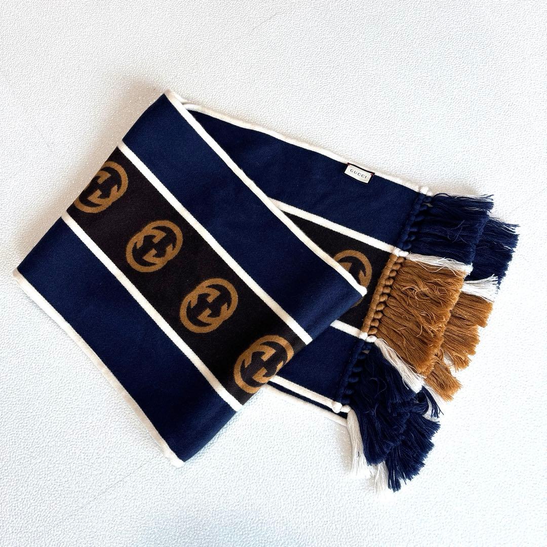 専用【美品/男女兼用】GUCCI　グッチ　フリンジ　マフラー　GGストライプ　紺