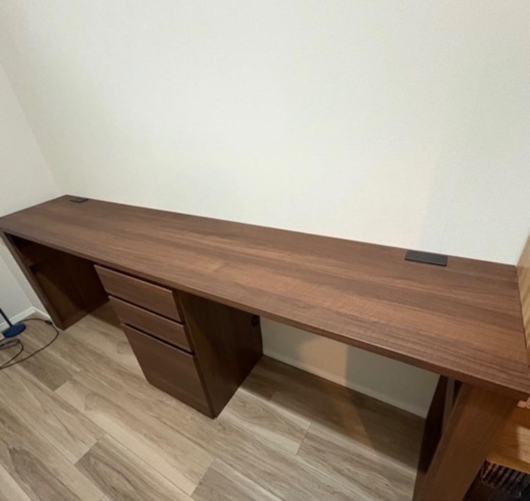 パモウナ　家具　2人掛け　ブラウン木製デスク 引き出し3つ ケーブルホール付き