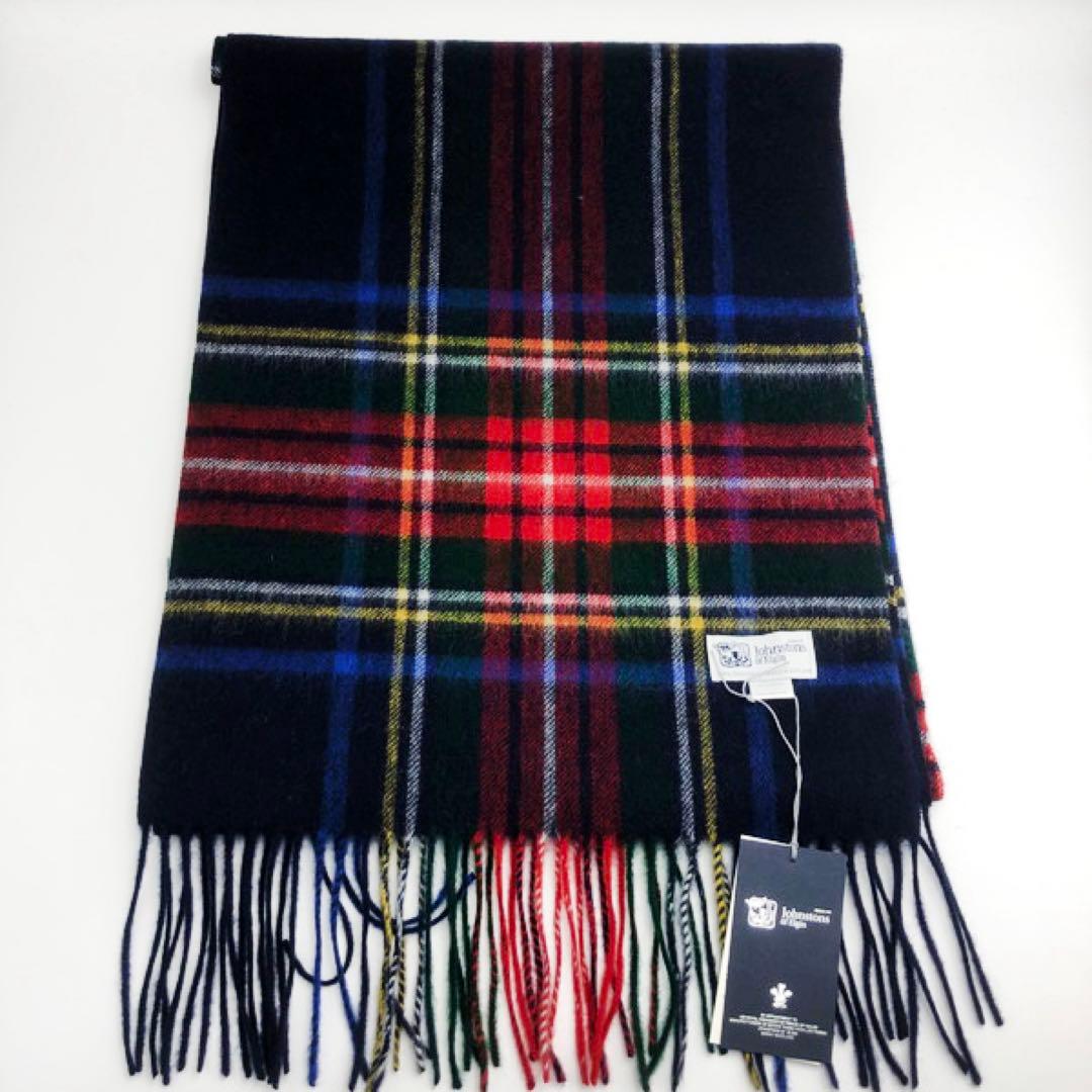 ジョンストンズ　中判　マフラー　スカーフ　ブラックスチュワート　タータンチェック