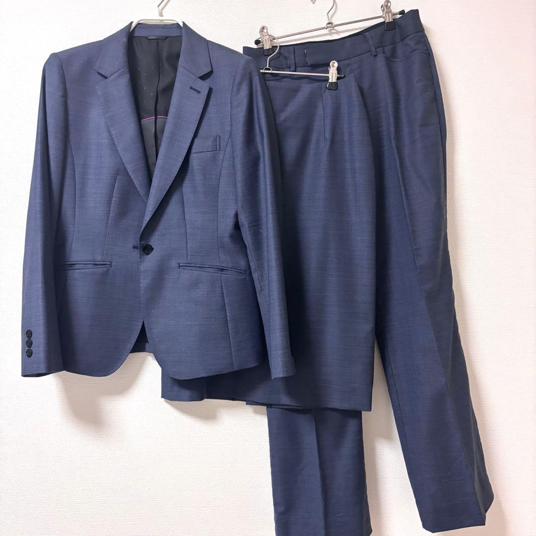 洋服の青山 HILTON スーツ3点セット 丈長め ワイドパンツ ネイビー 青