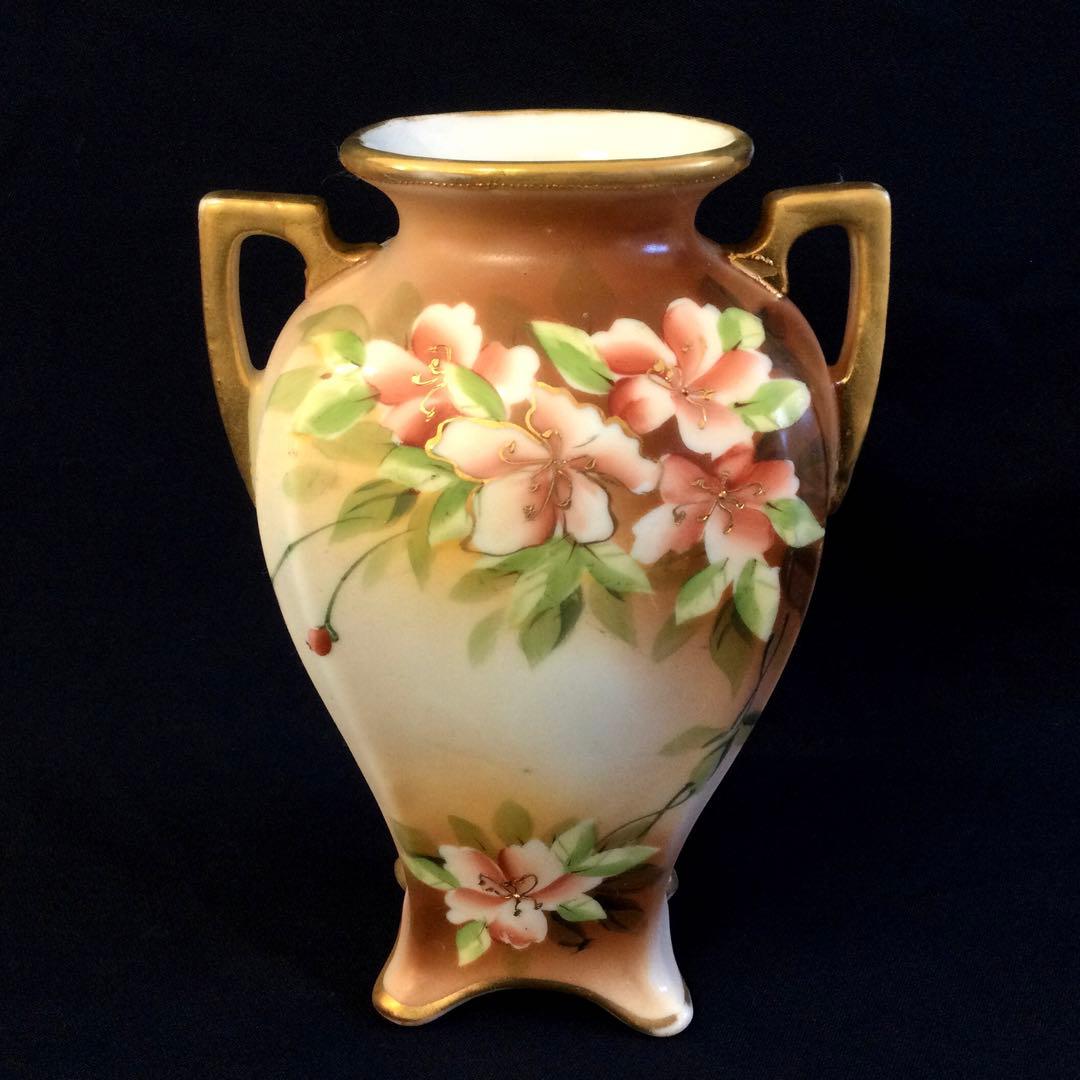 オールドノリタケ ハンドペイント 金彩華絵 耳付花瓶 アンティーク K635