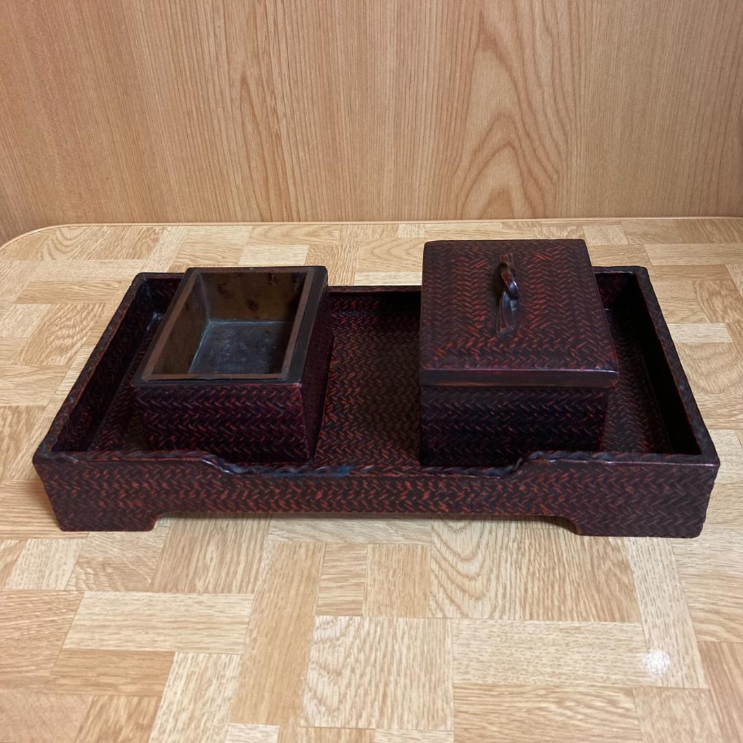 籃胎漆器　喫煙具　灰皿　煙草入　盆　3点セット　アンティーク