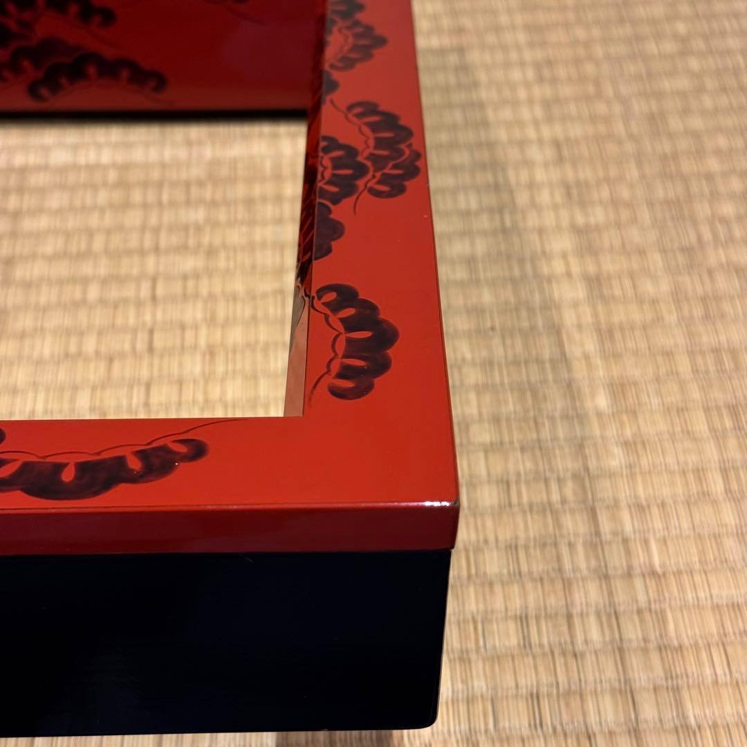 能登輪島塗 慶塚 朱塗老松蒔絵 炉縁 共箱 共布