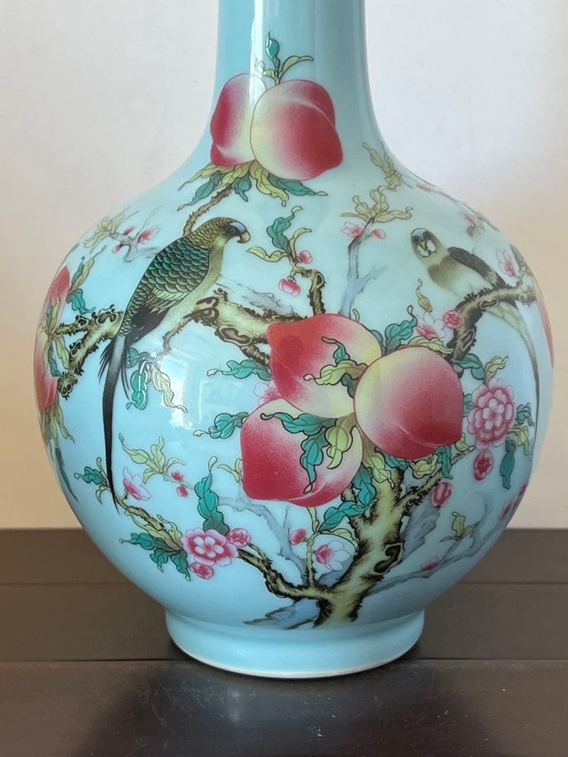 中国古美術/粉彩花鳥紋天球瓶 【大清乾龍年製】在銘/XG4-1