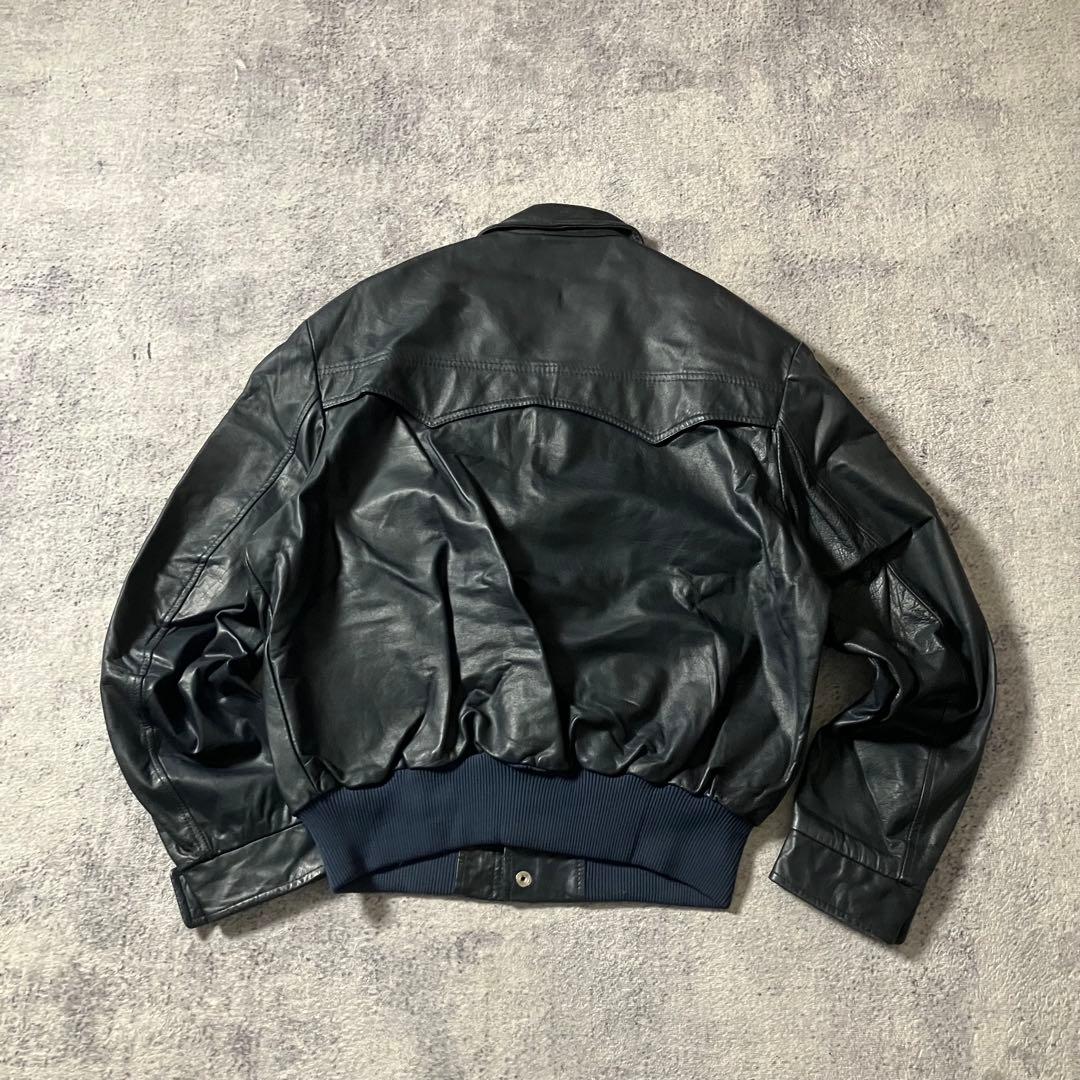 80sカナダ製短丈レザージャケット本革刺繍ボンバージャケット革ジャンブラック黒
