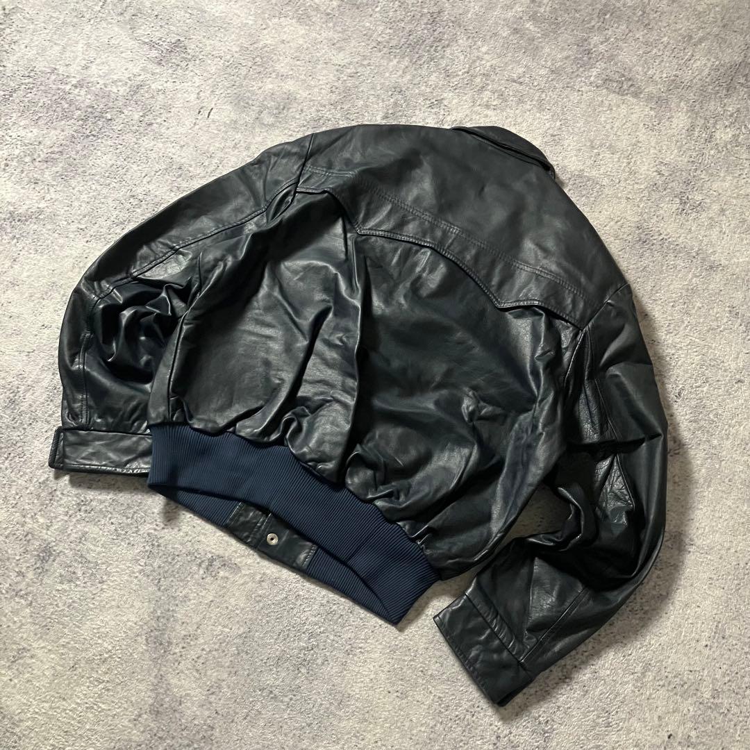 80sカナダ製短丈レザージャケット本革刺繍ボンバージャケット革ジャンブラック黒