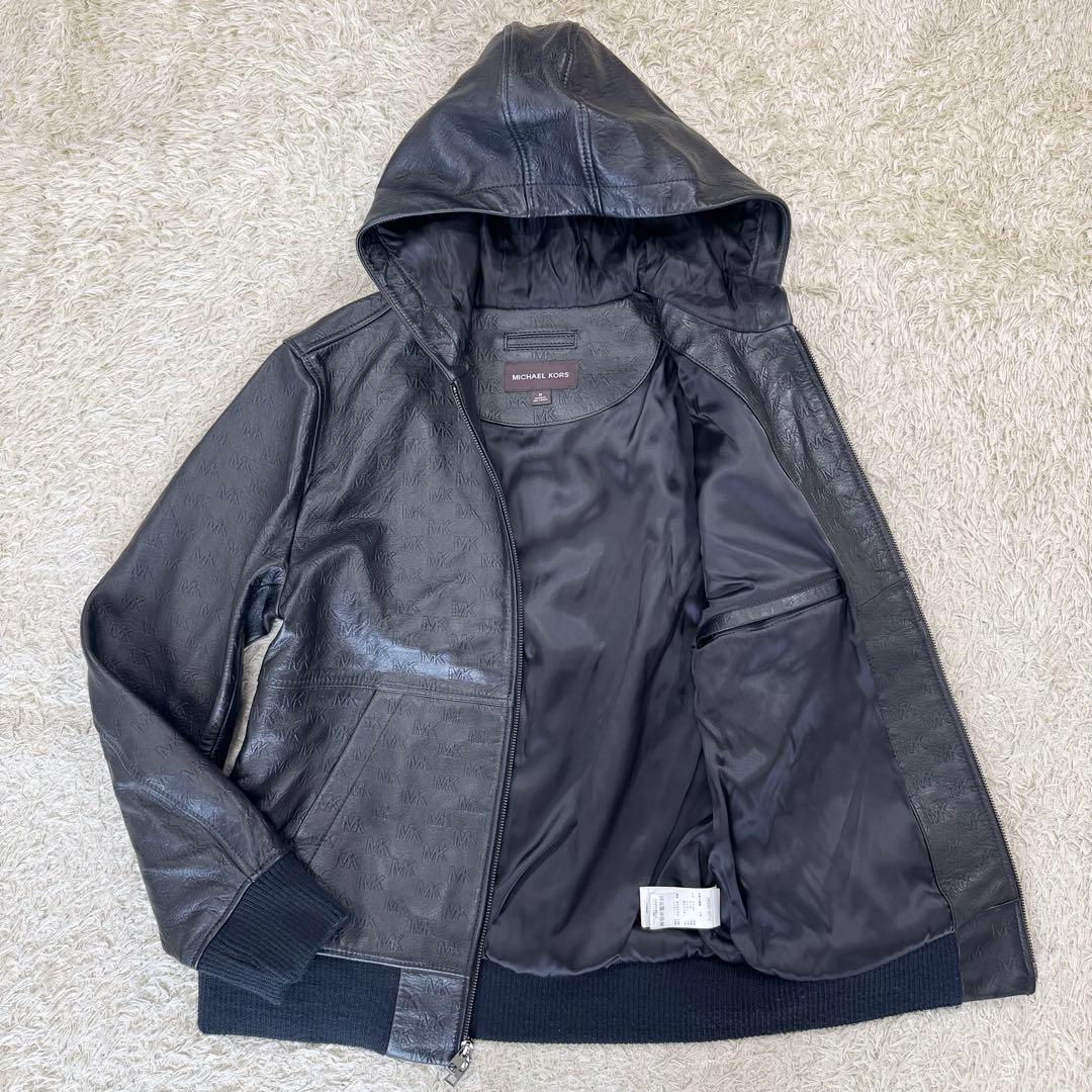 美品　マイケルコース　メンズ　レザー　パーカー　総柄　ブラック　フード　Mサイズ