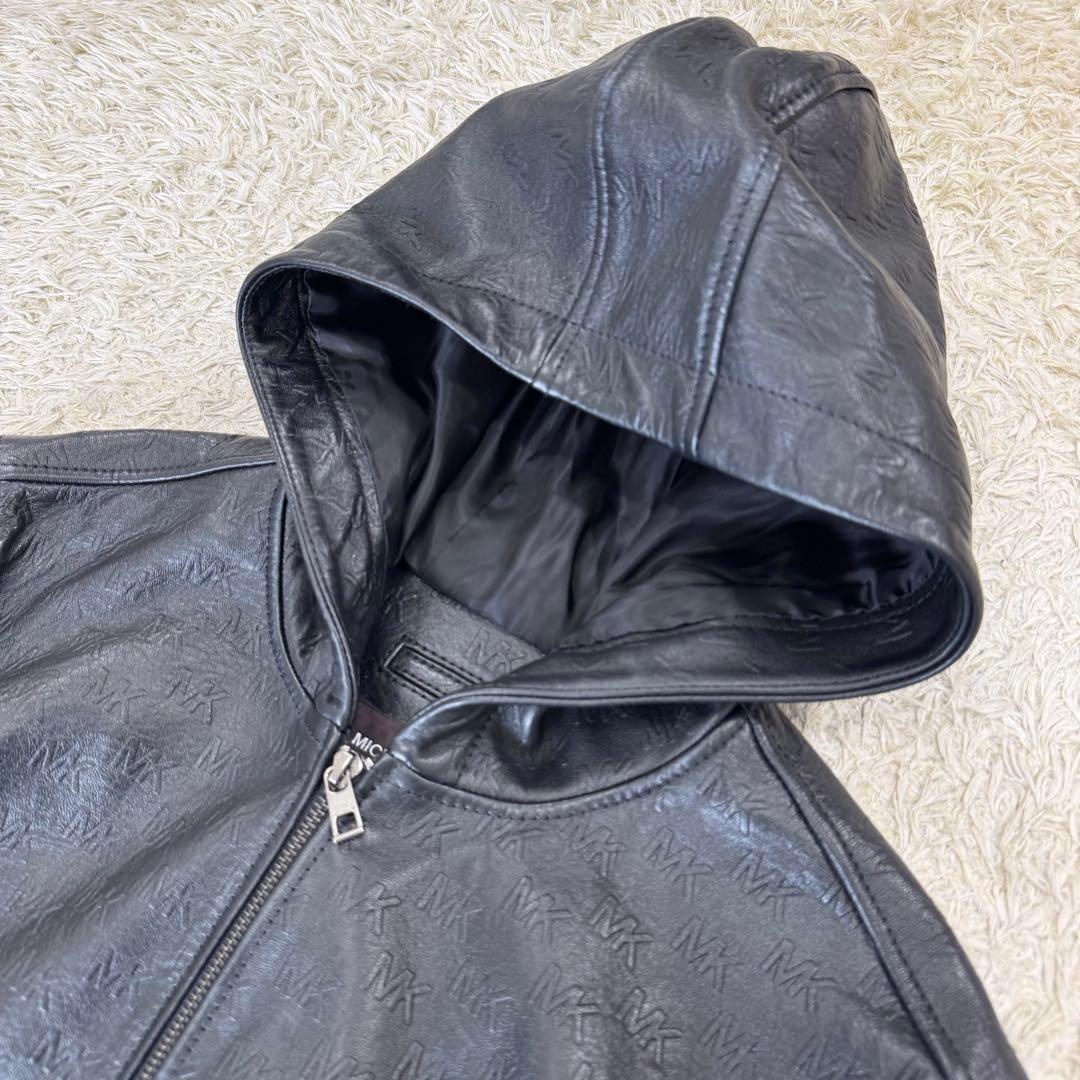 美品　マイケルコース　メンズ　レザー　パーカー　総柄　ブラック　フード　Mサイズ