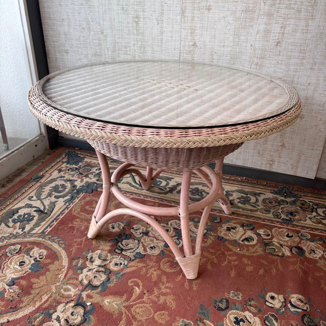 昭和レトロ ヴィンテージ ラタンラウンドテーブル ダイニングテーブル 籐家具