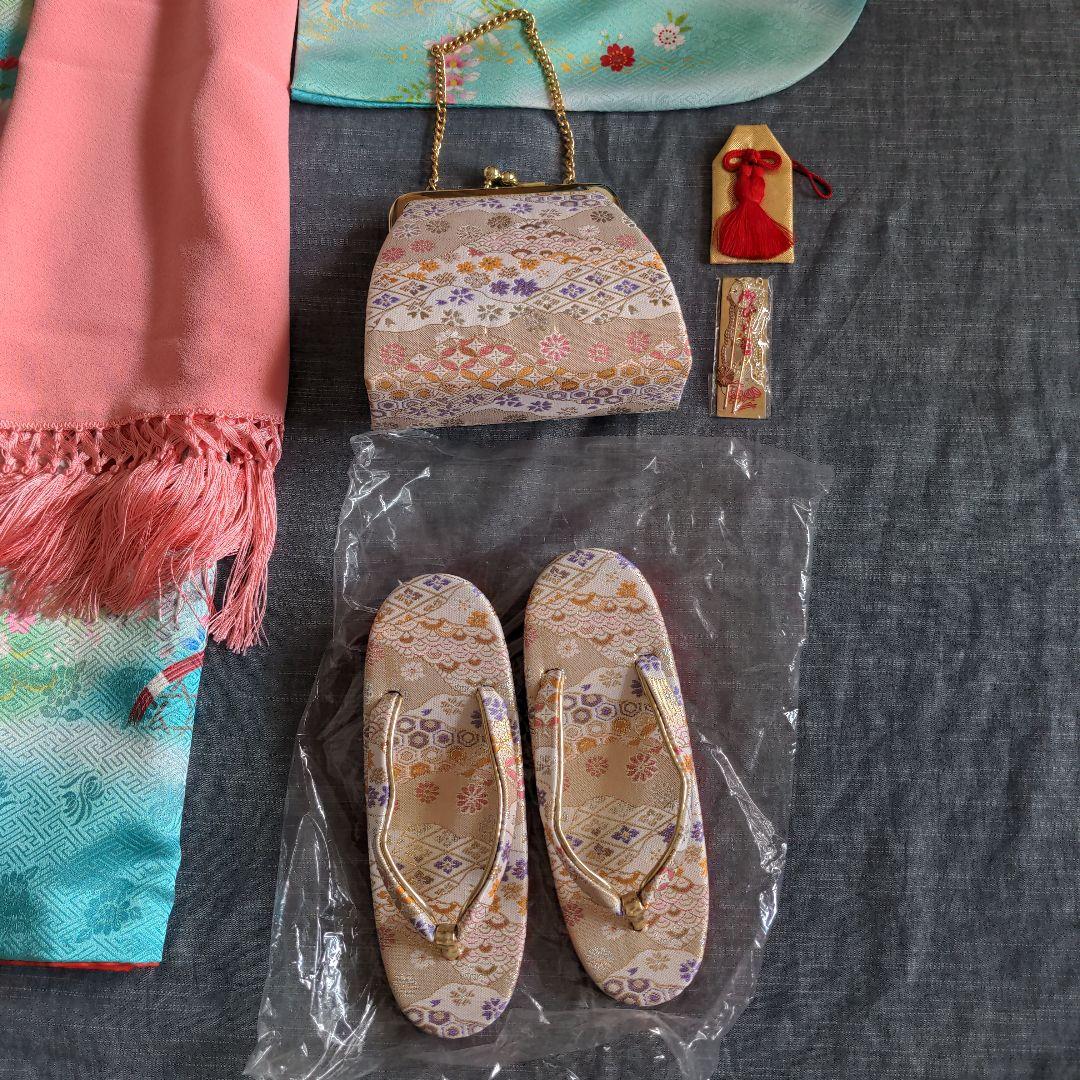 七五三　着物　７歳 　フルセット　水色　古典柄　ターコイズブルー