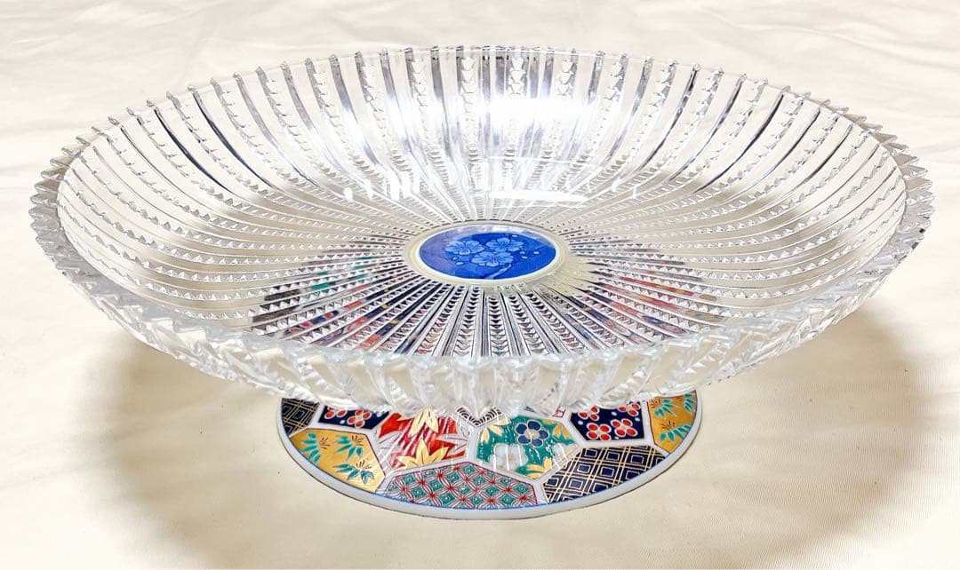 高級創作陶芸　波佐見焼　林九郎窯　古伊万里亀甲　ガラスコンポ－ト　高台付き超大皿