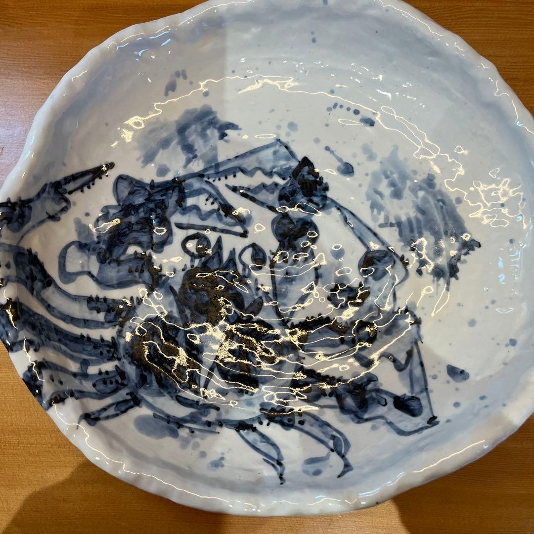 青白手描き模様の皿作家物