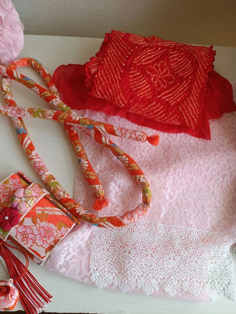 専用です☆☆アンティーク薄いピンクの着物にブルーのだらり帯☆七五三フルセット