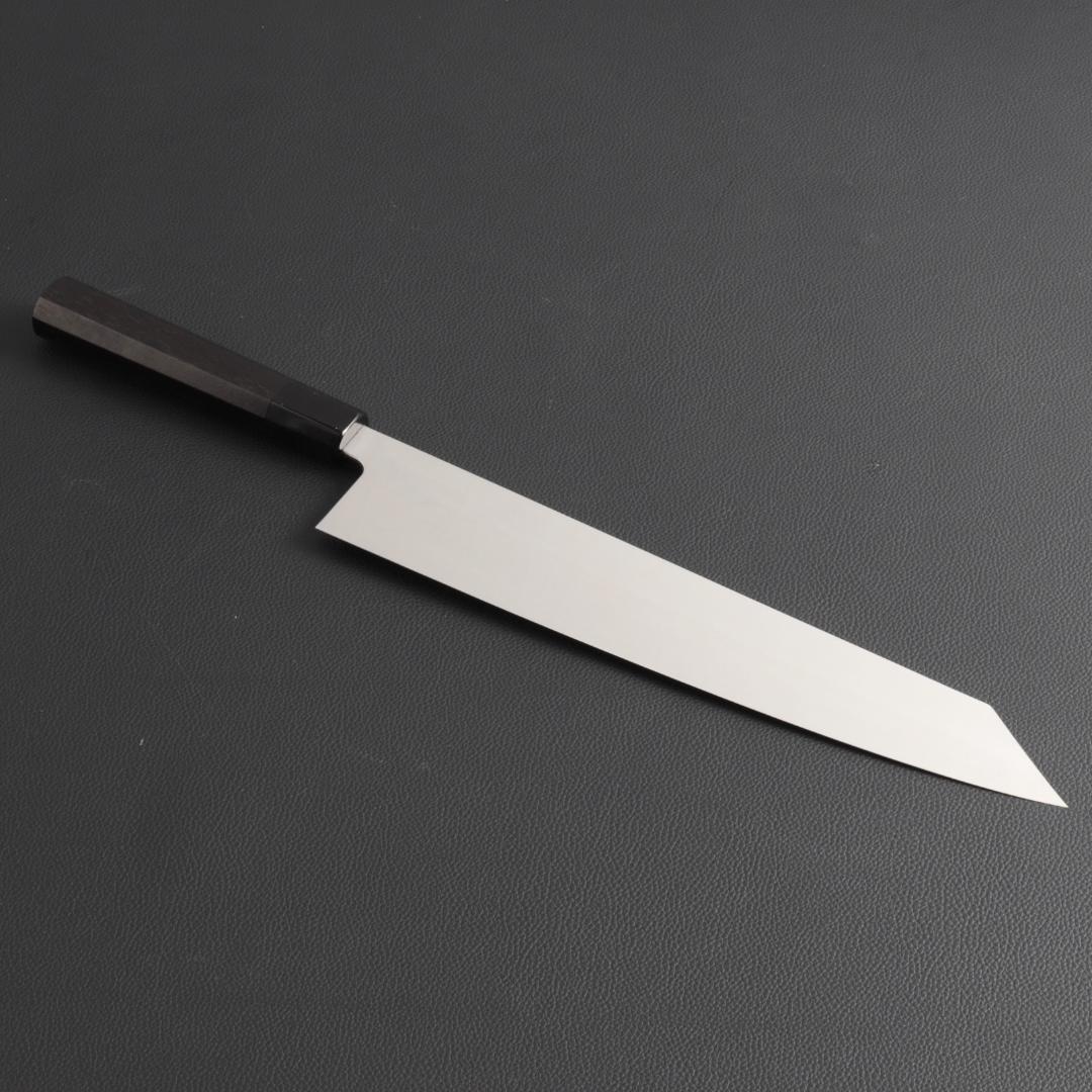 10464 切付型牛刀 尺寸 両刃 鏡面仕上げ 刺身包丁 黒檀黒水牛角八角柄