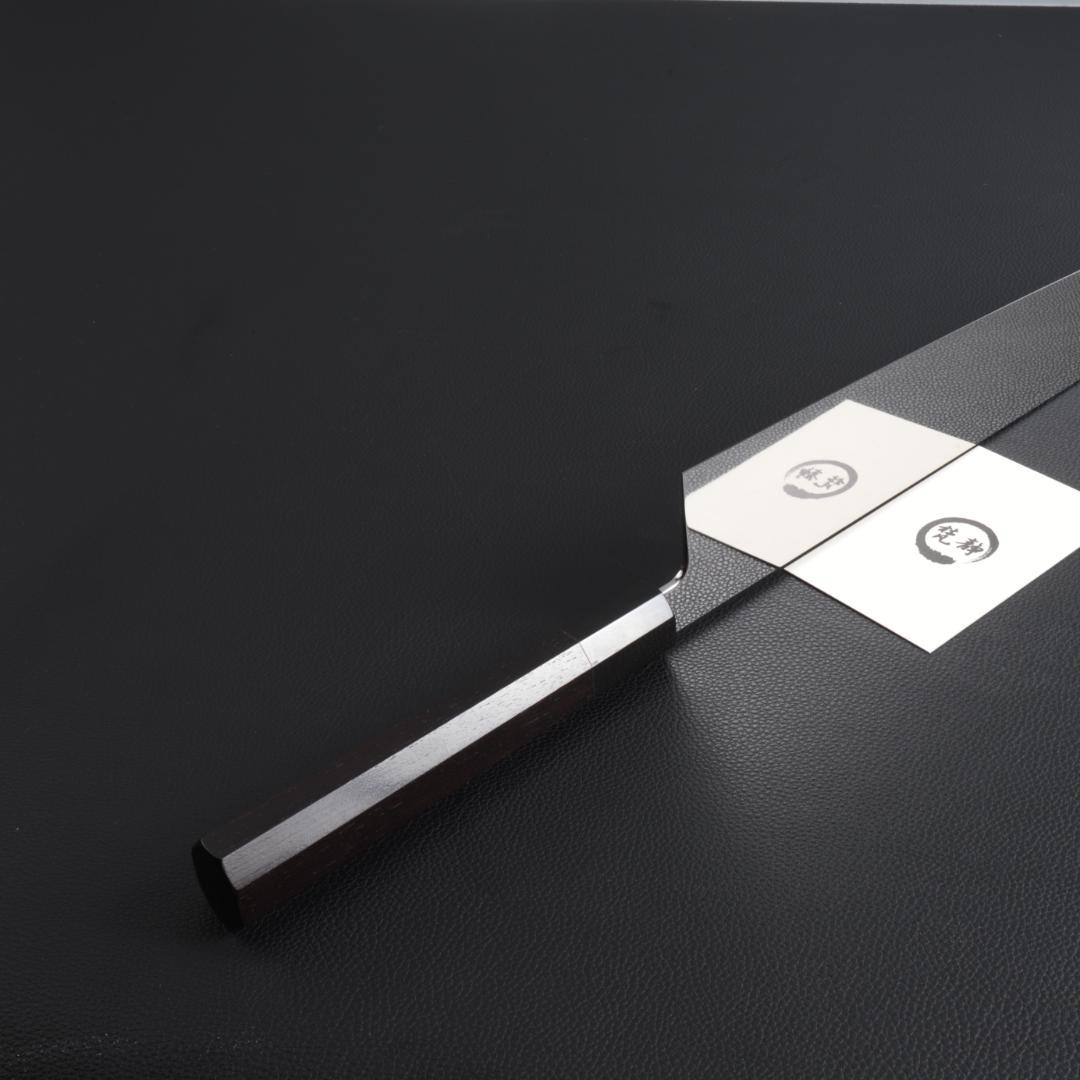 10464 切付型牛刀 尺寸 両刃 鏡面仕上げ 刺身包丁 黒檀黒水牛角八角柄