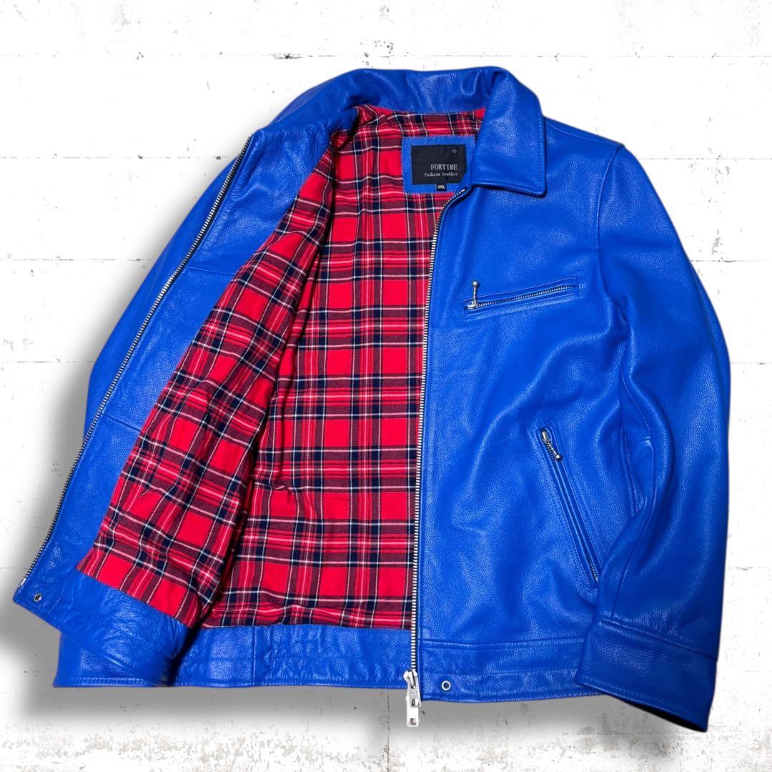 極美品　FORTIME シングル　レザー　ライダース　ジャケット　ブルゾン　青
