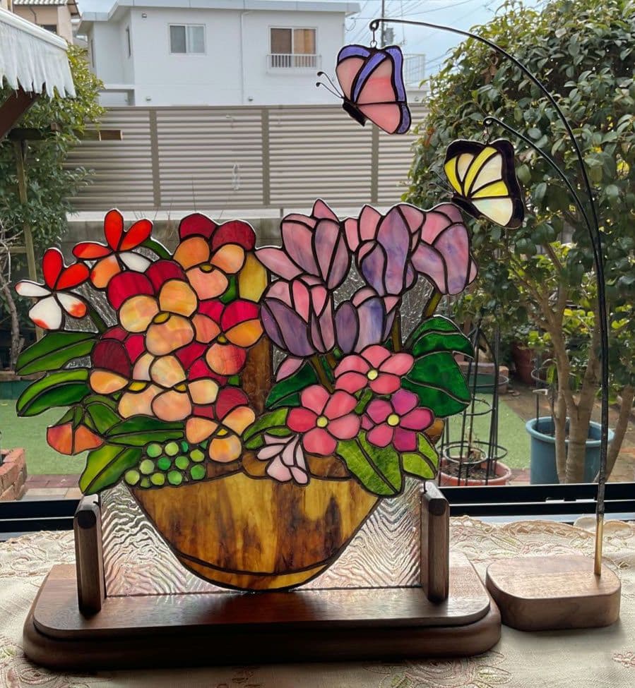 ステンドグラスパネル　寄せ植え