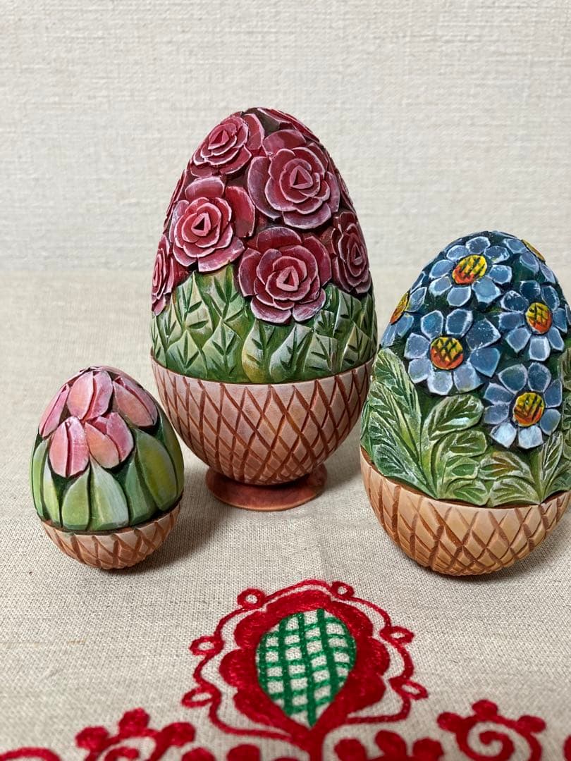 ロシア雑貨☆イースターエッグ型カービングマトリョーシカ(3P)フラワーバスケット