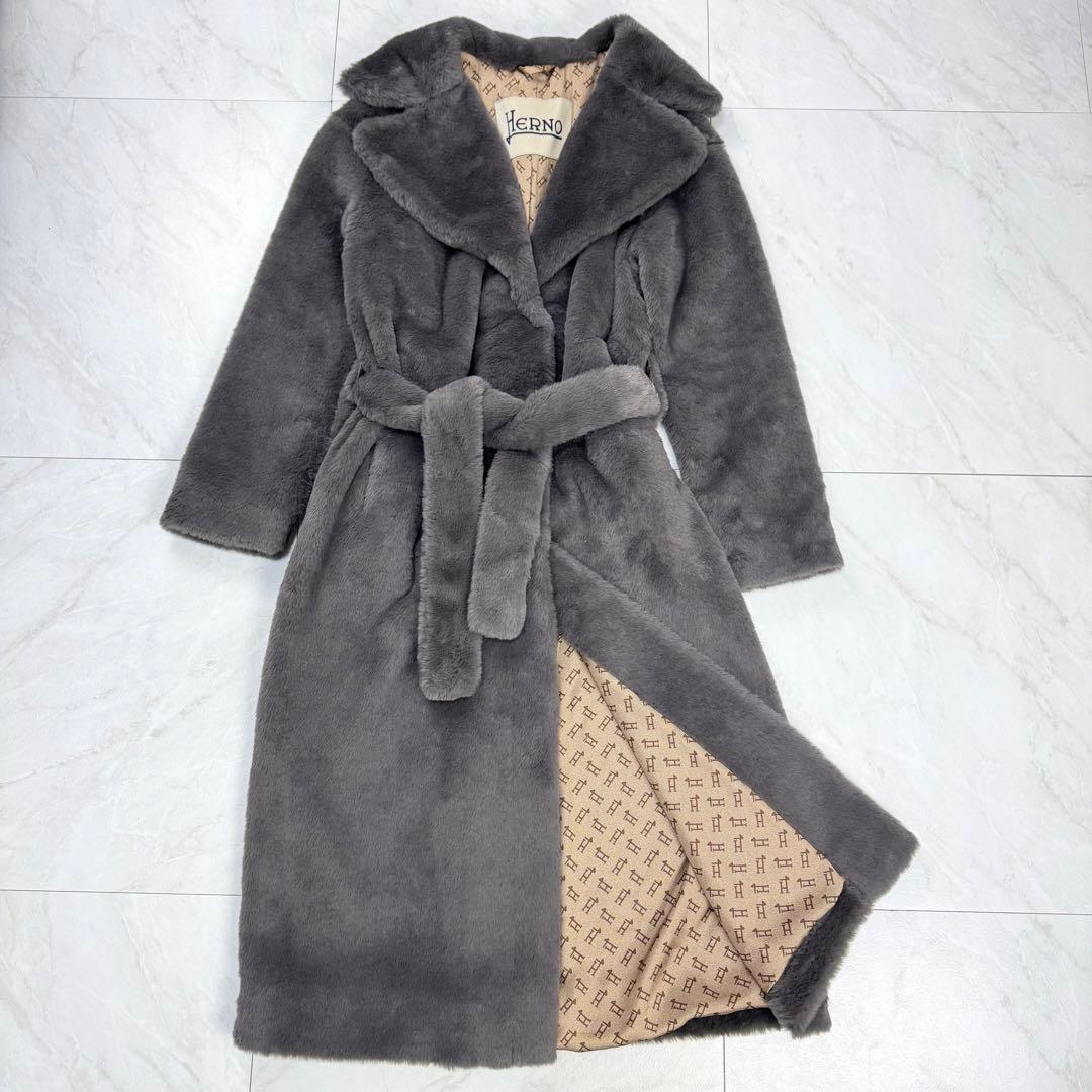 極美品 HERNO エコファー ガウン ロングコート グレー モノグラム 40