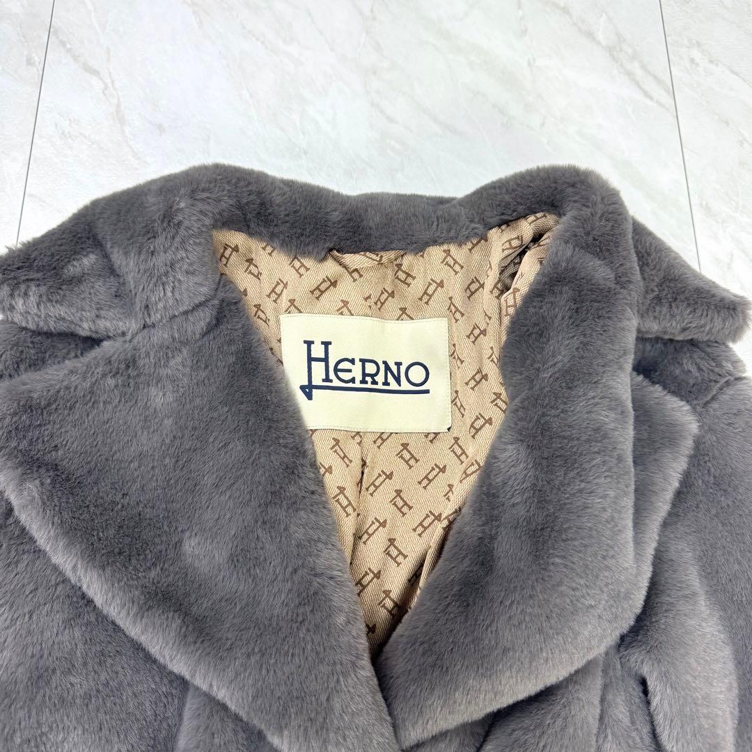 極美品 HERNO エコファー ガウン ロングコート グレー モノグラム 40
