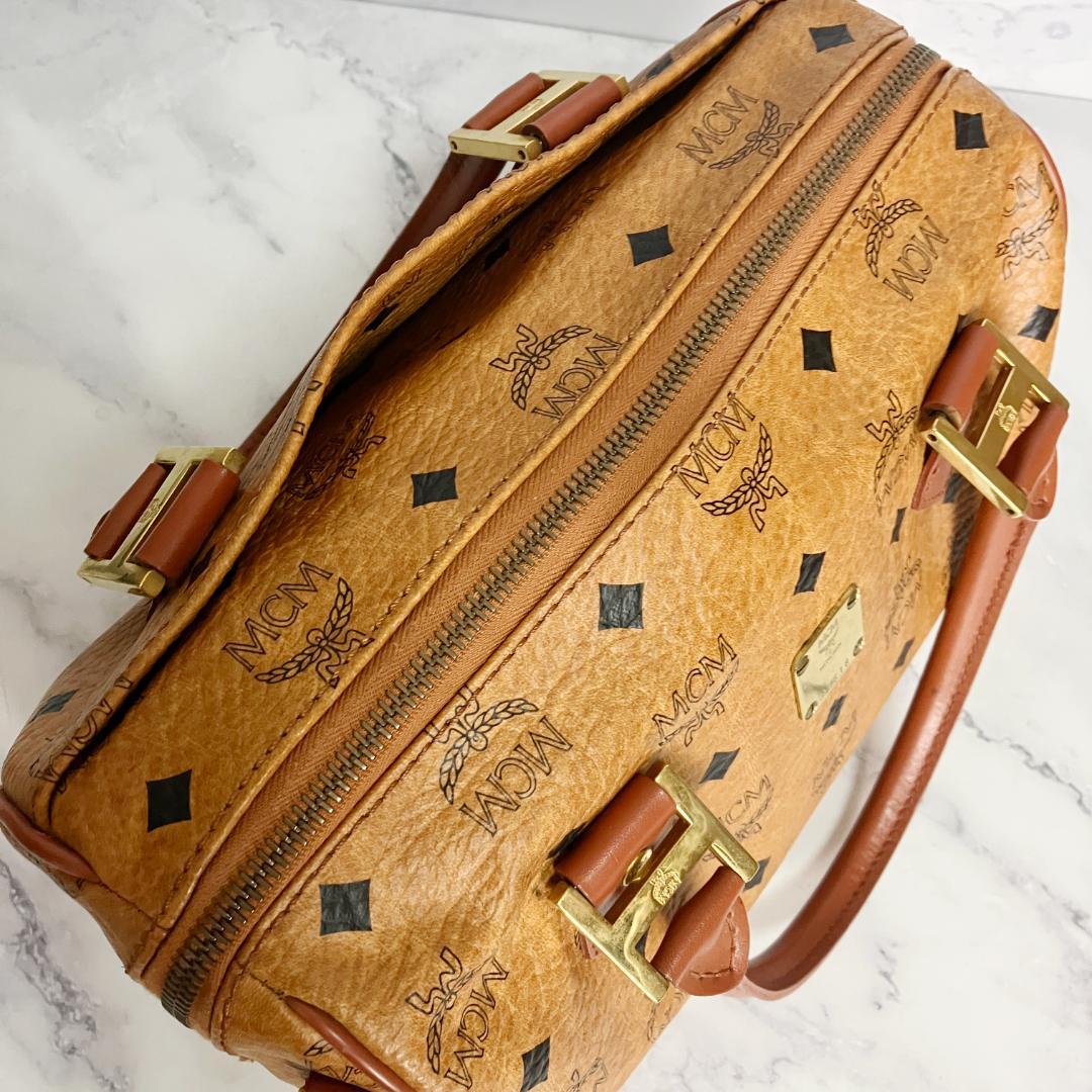 B702【美品】MCM★シボ革 ミニボストンバッグ ブラウン レザー