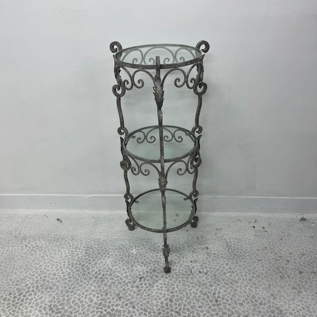 【フレンチアンティーク】アイアン 3段ガラスシェルフ 飾り棚 花台【シャビー】