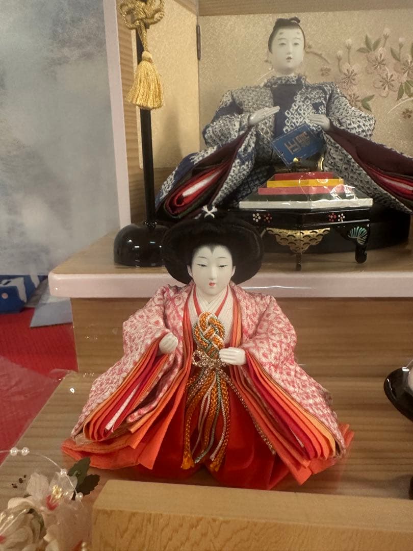 三段五人飾り ひな人形 正絹 有松絞り 桜刺繍 収納飾り 新品未使用展示品