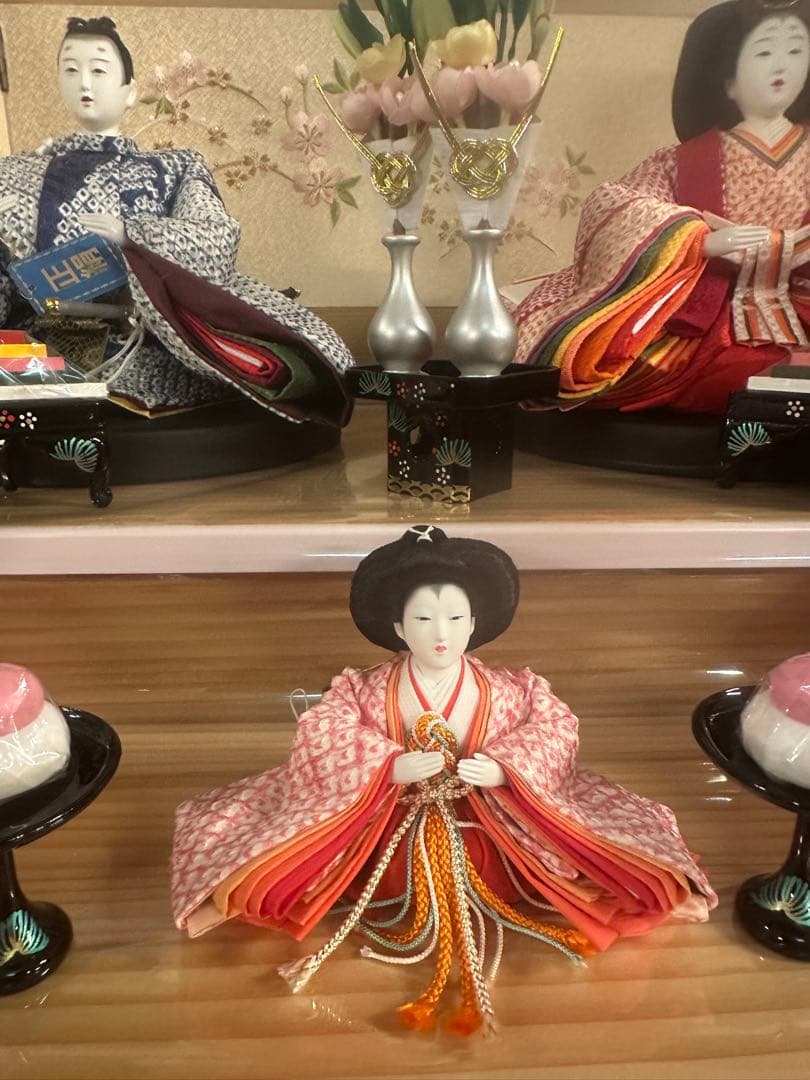 三段五人飾り ひな人形 正絹 有松絞り 桜刺繍 収納飾り 新品未使用展示品