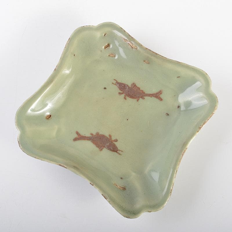 中国　天龍寺青磁　魚文　菓子鉢　時代箱　F　R7016