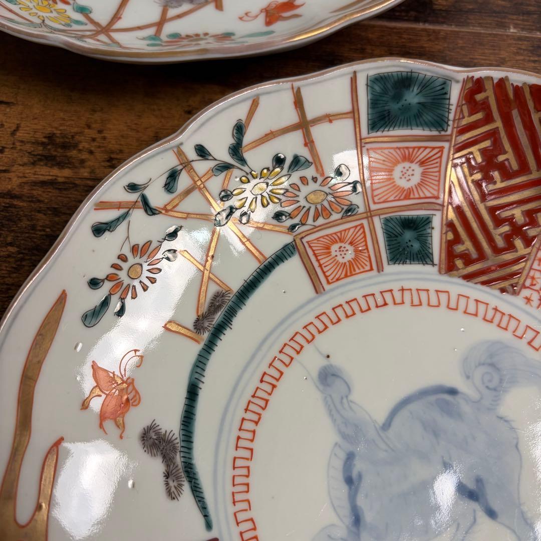 古伊万里　赤絵麒麟図七寸皿五客　大皿/中皿/アンティーク/お皿 020